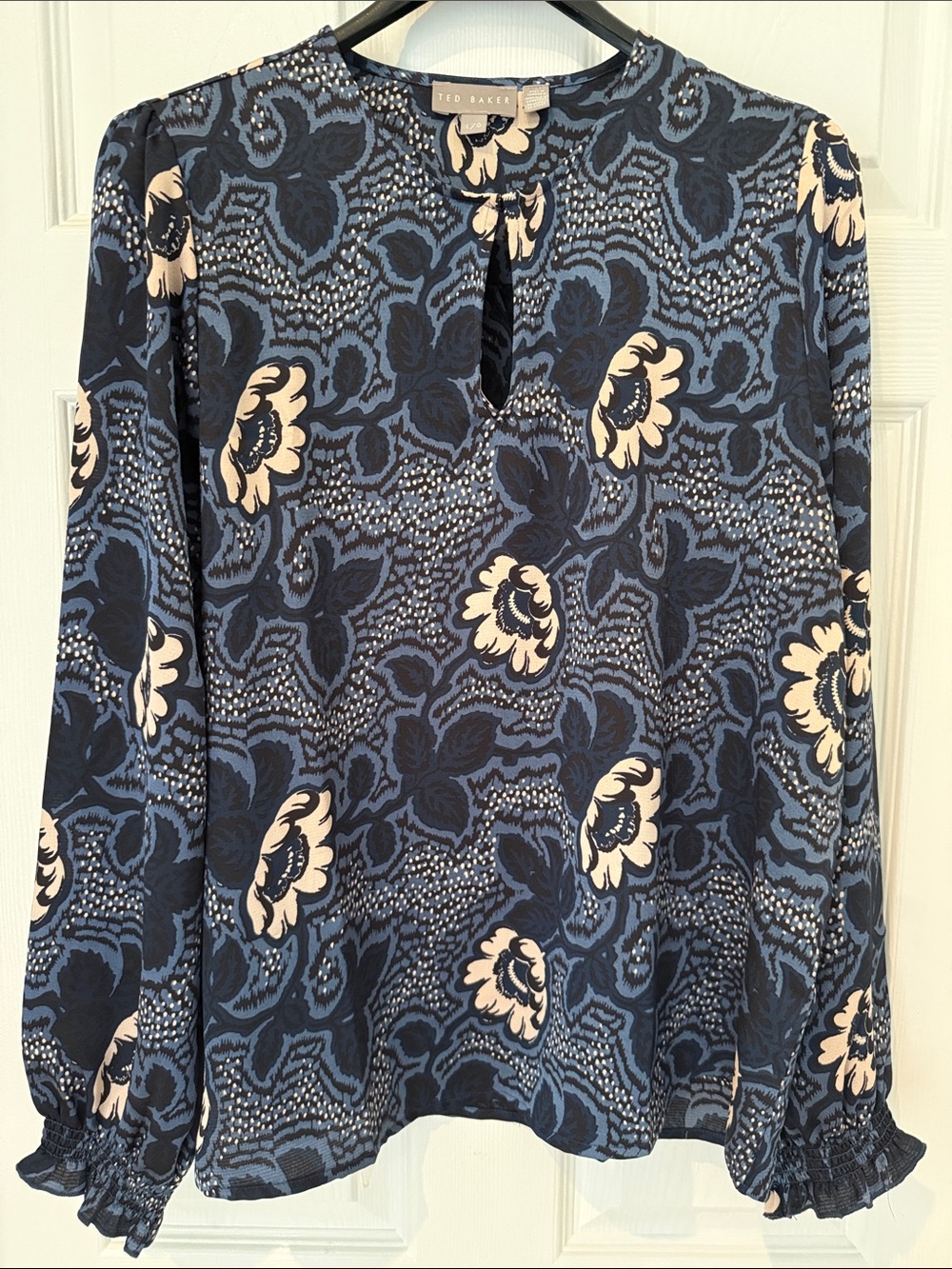 Chic Ted Baker Navy and Cream Floral Keyhole Blouse